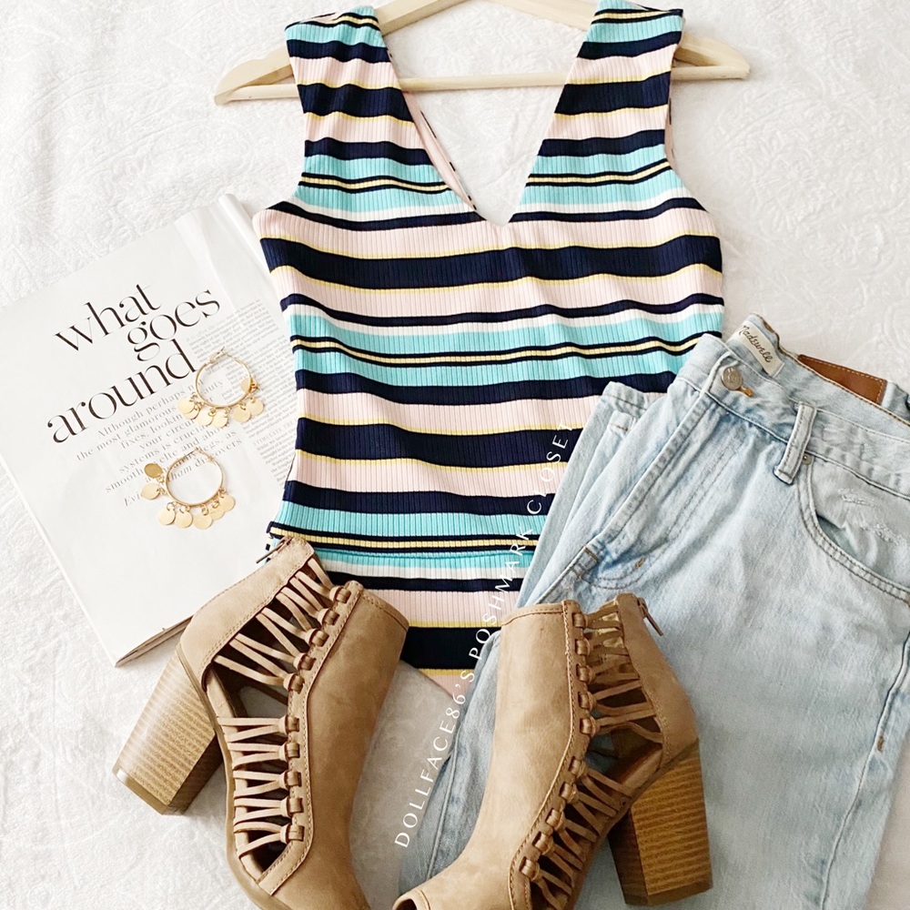 Preppy Colorful Stripe Ribbed V Neck Bodysuit